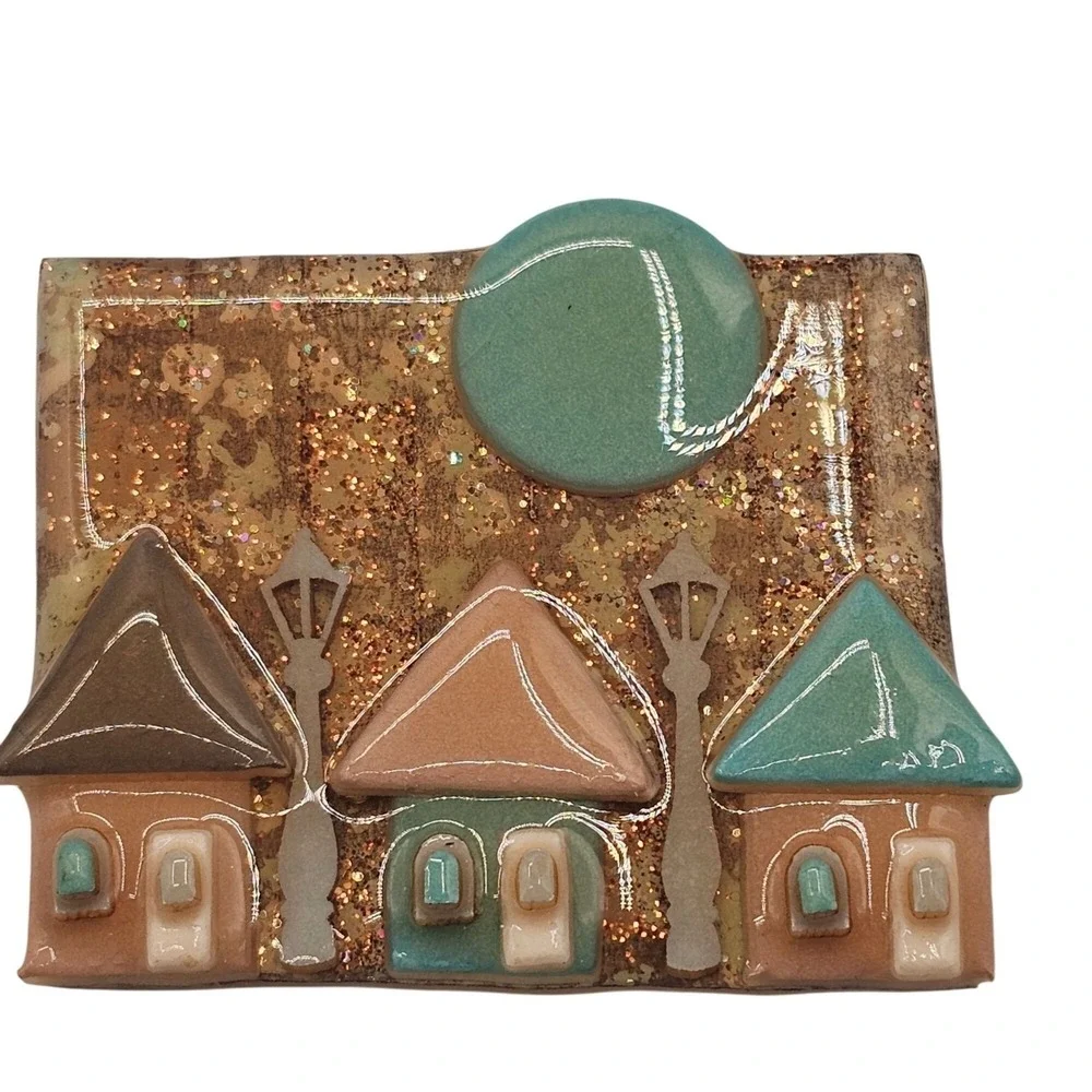House Pins by Lucinda Brooch‎ Vintage Brown Teal Village Moon Glitter Art Pin